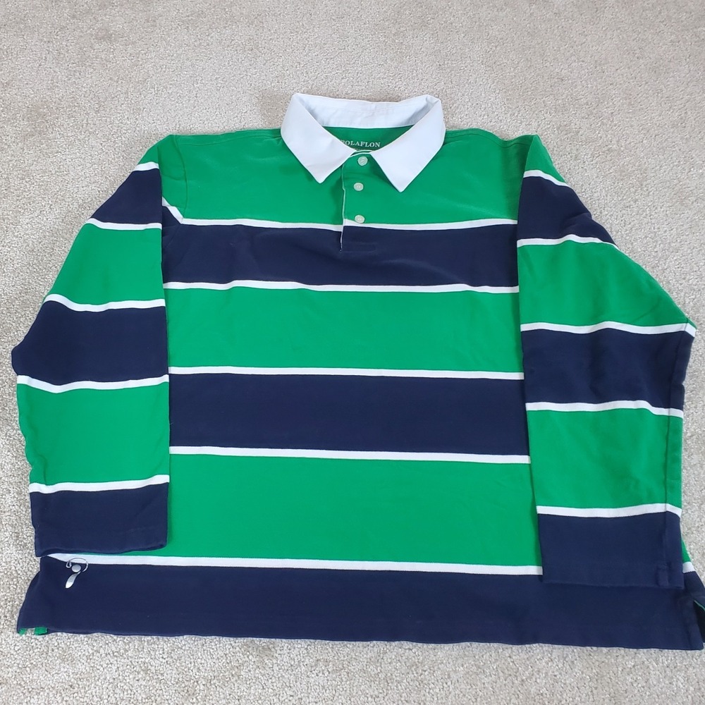 Ppolaflon Men's Striped Rugby Polo Shirt SZ  Large Long Sleeve Blue Green Preppy - Picture 2 of 13